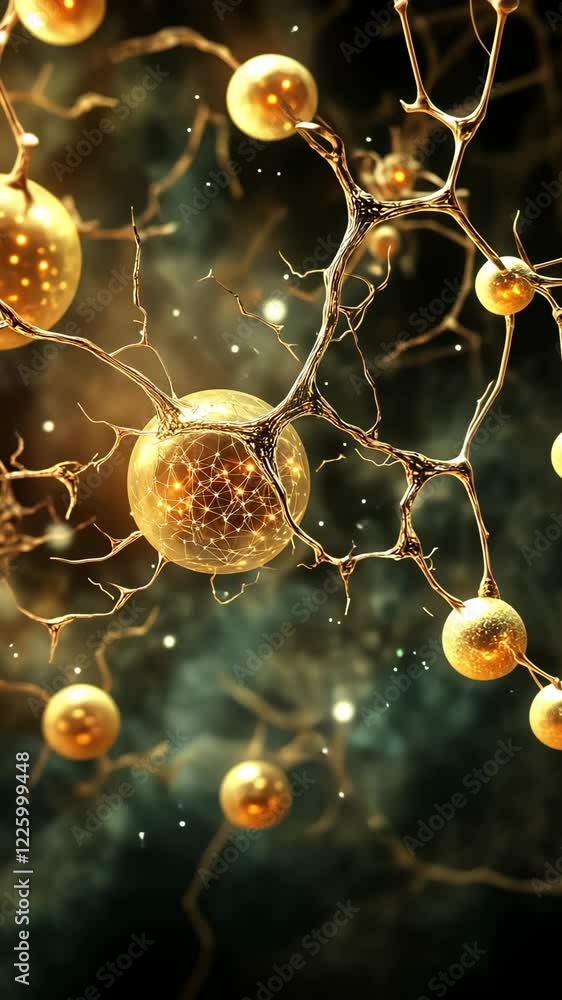 Poster neural connections illuminated by golden particles in abstract scientific visualization of brain act