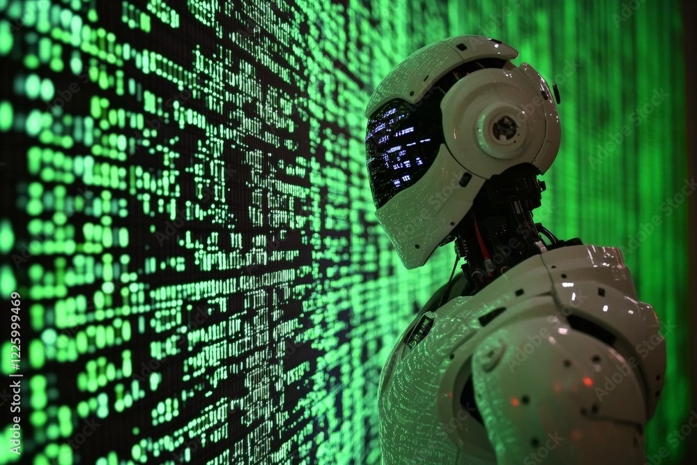 Poster robot interacts with digital data on a glowing green wall in a futuristic environment