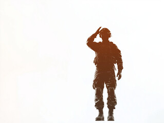 Silhouette of a soldier saluting, with negative space around the figure for branding, dramatic side lighting casting subtle shadows, against a white background, Generative AI
