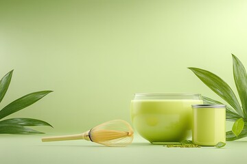 top-down view of traditional japanese tea ceremony setup with matcha bowl bamboo whisk and tea canister illuminated