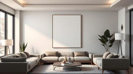 Frame mockup, ISO A paper size. Living room wall poster mockup. Interior mockup wi th house background. Modern interior design. 3D render