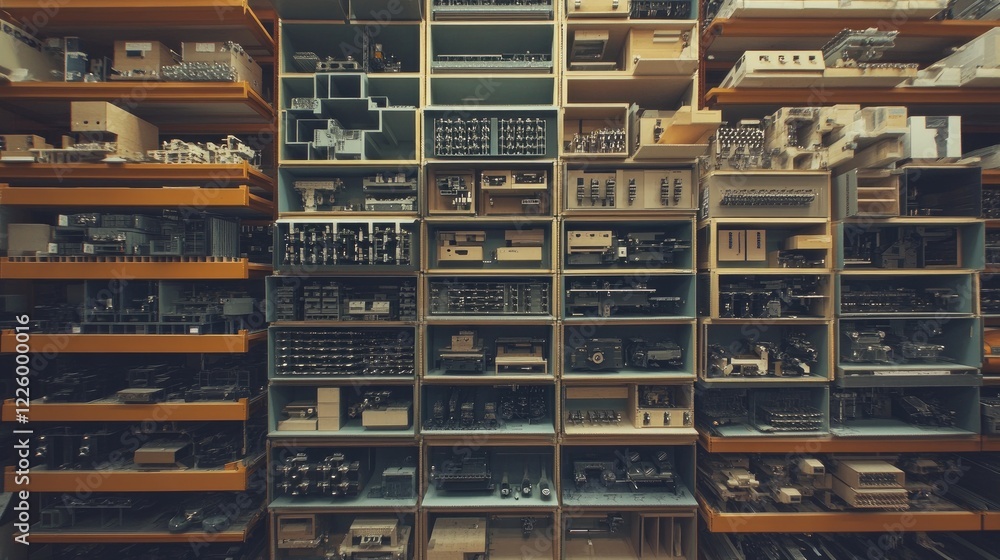 Poster boxes of assembled components organized neatly in a storage area of a factory.