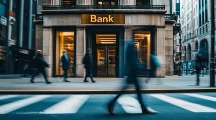 Fototapeta premium outside a bank office with people passing by with rapid effect
