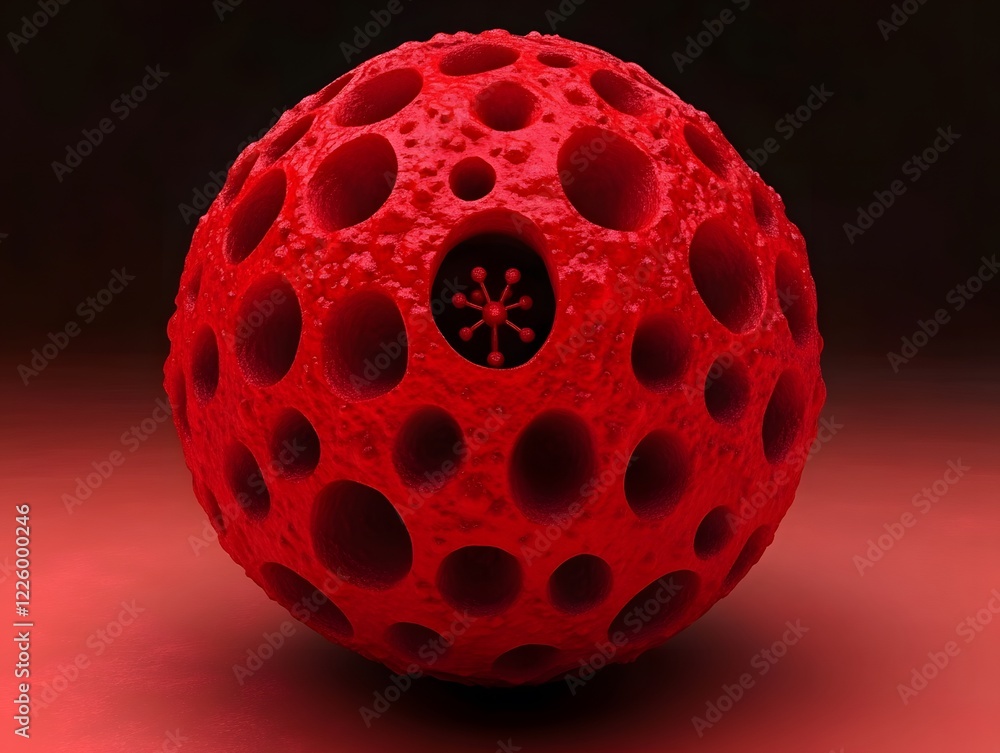 Poster abstract red sphere with pores and internal structure 3d render
