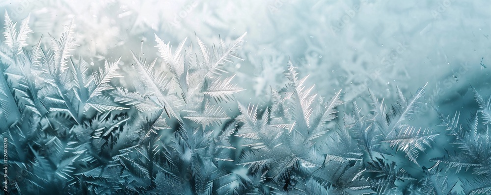 Poster beautiful frosty pattern formed by intricate and delicate ice crystals on a winter window