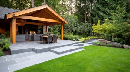 Modern Backyard Patio with Sleek Stone Flooring and Beautiful Green Lawn Surrounded by Lush Trees and Plants