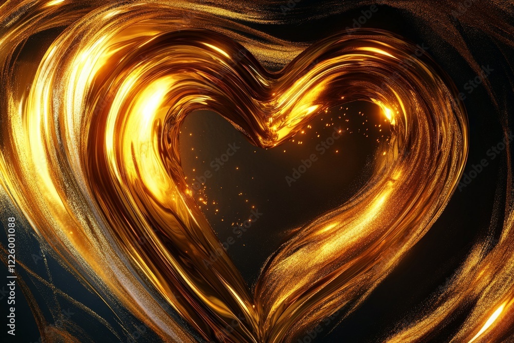 Poster shining golden heart shape with swirling luminous texture on dark background