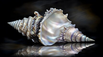Stunning iridescent seashell spiral art, ocean treasure, marine life, detailed shell close up