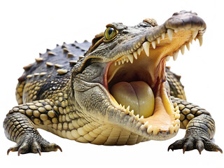 Fototapeta premium Aggressive Crocodile with Open Jaw isolated on white background as transparent. PNG.AI GENERATED