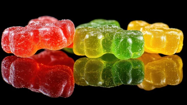 Colorful gummy bears reflected on black surface; sweet treat, food photography - Powered by Adobe