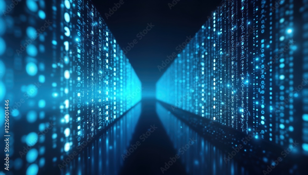 Aufkleber Abstract illustration of binary data. Futuristic digital display of information. Tech background. Information flows in corridor of data. Graphic design concept. Shows complex data in tunnel corridor.