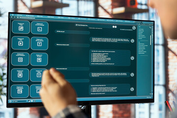 Man in home office uses large language model generative AI chatbot able to engage in humanlike...