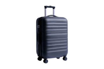 Blue hard-shell rolling suitcase with telescopic handle and four double spinner wheels isolated on black background. Studio product photography for travel and luggage design.