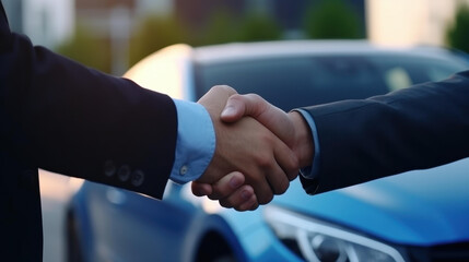Two men seal a deal with a firm handshake at a car center, with a shiny automobile on display behind them.