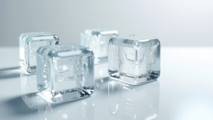 Fresh ice cubes melting on a white reflective surface with crushed ice on top	