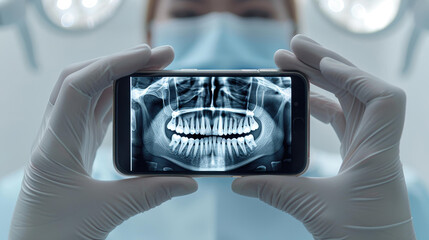 Dentist in gloves reviews Xray on mobile phone, providing patients with clear insights into their dental health.