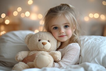 Young girl cuddling a teddy bear in a cozy bedroom with soft lighting