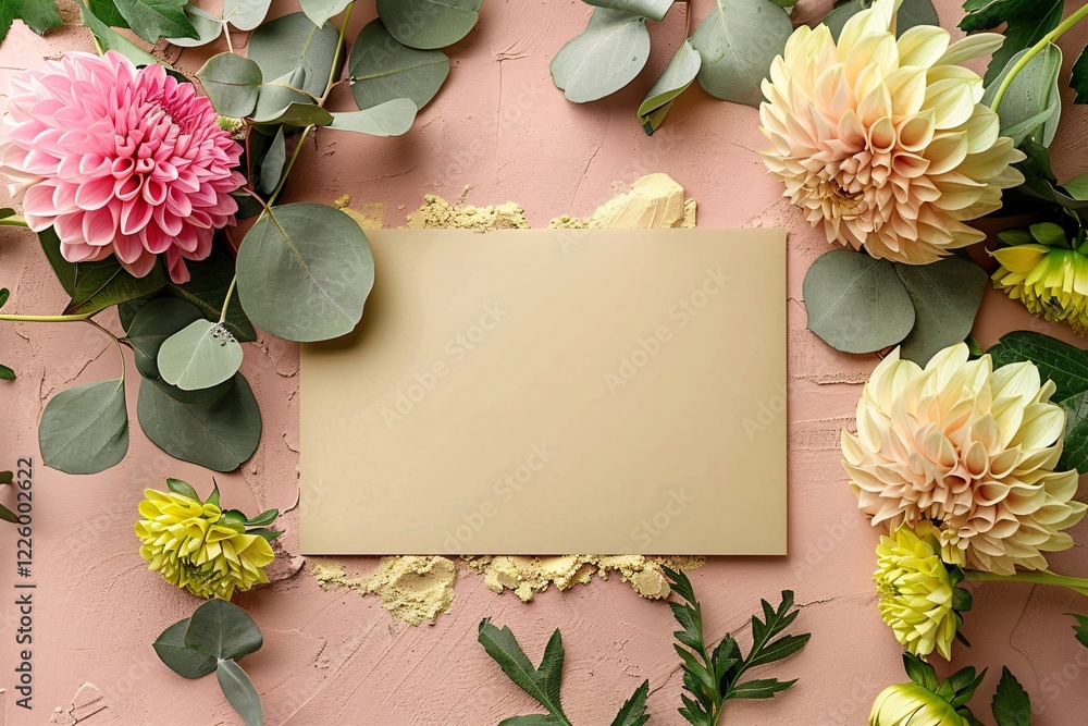 Poster eucalyptus and colorful dahlias surrounding a blank card with copy space on a textured pink backgrou