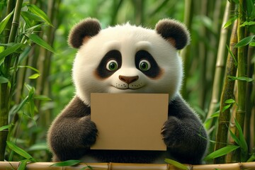 Obraz premium Playful panda holding a blank sign in a lush bamboo forest during daytime