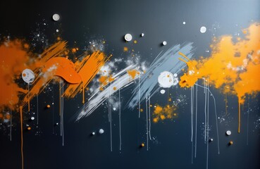 Abstract wall art with orange, grey paint splashes, drips. Creative design background with various brushstrokes, color combinations. Abstract pattern for trendy poster cover design. Stylish