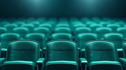 Obraz premium Close-up of a row of vintage green theater seats, worn texture and empty, evoking nostalgia and a timeless atmosphere