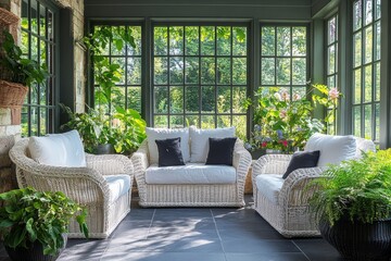 Serene Monochromatic White Garden Space Filled with Light and Nature's Elegance, Minimalistic Indoor Garden Haven, Tranquil White Botanical Retreat