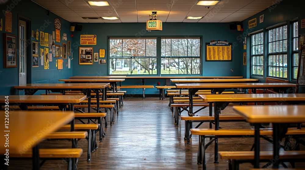 Poster empty cafeteria tables and benches near large windows