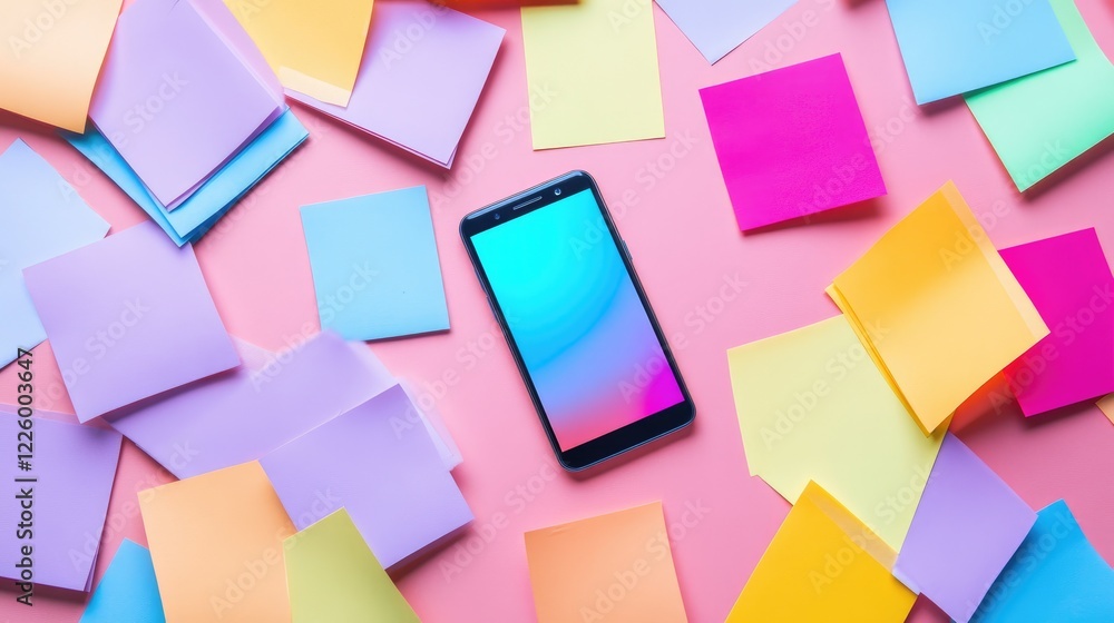 Poster overhead shot of sticky notes and a phone with a brainstorming app.