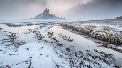 Majestic Castle in Winter Wonderland Snowy Landscape