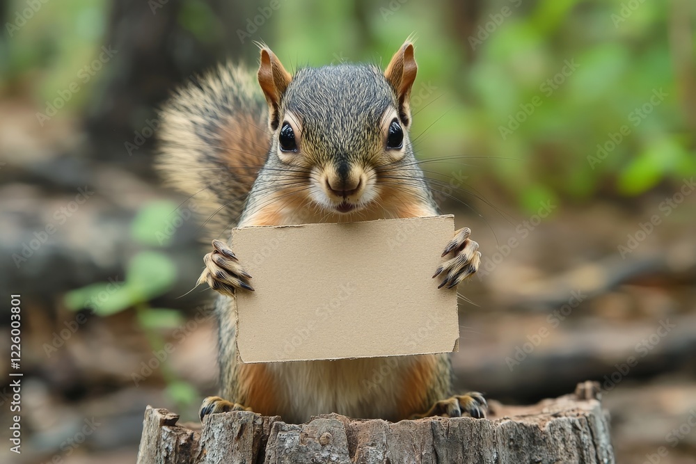 Poster squirrel holds a blank cardboard sign while perched on a tree stump in a wooded area during daylight
