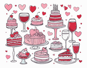 Valentine Day doodle set, vector hand drawn holiday romantic cake illustration, female line hand. Love date dinner, wine glass tower, heart shaped cherry pie, alcohol beverages. Valentine doodle kit