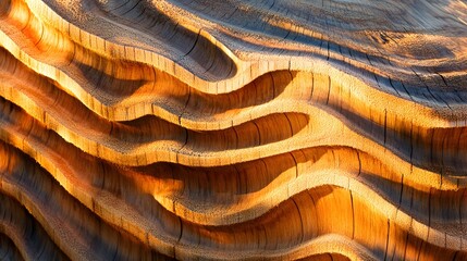 Abstract Wooden Waves Texture Background Golden Hour Sunlight Carved Wood Pattern