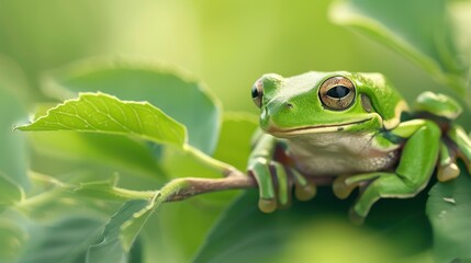 Naklejka premium A vibrant tree frog perched on a branch amid lush green leaves, showcasing natures beauty in a stunning closeup shot.