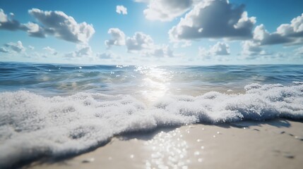 Fototapeta premium Golden beach with soft ocean waves and peaceful sunny sky