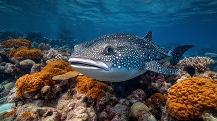Whale shark swims near coral reef, ocean background; marine wildlife
