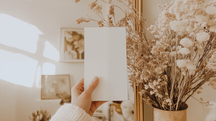 Mockup of a card. Minimalist composition with floral background. A blank white vertical sheet of paper on a pastel colors. Space for placing text or design. A template for invitations, greeting cards