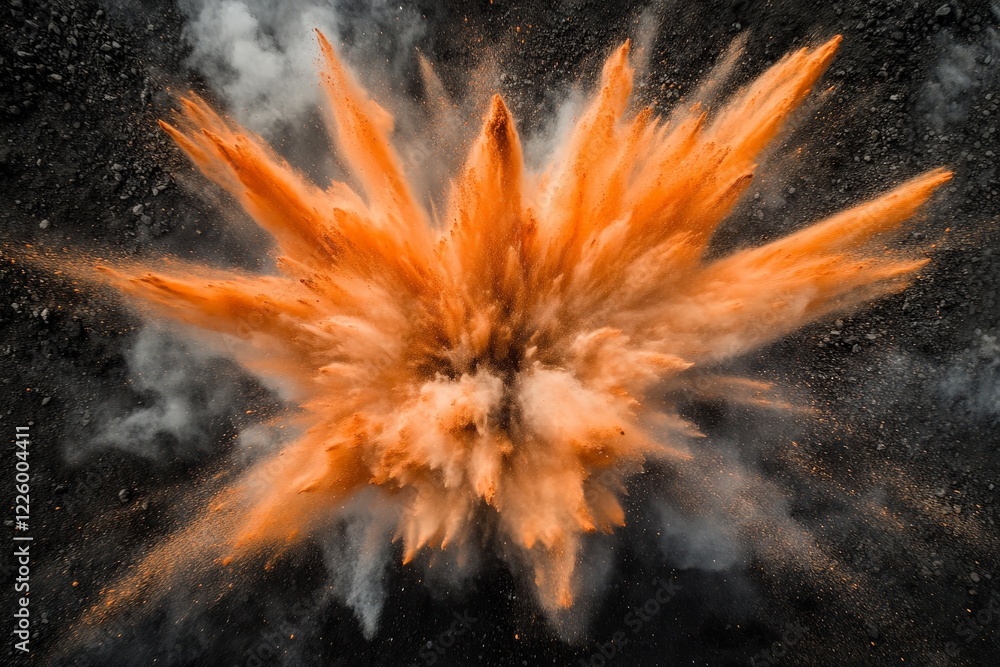 Poster dramatic orange explosion displays powerful force and dynamic energy during detonation in a controll