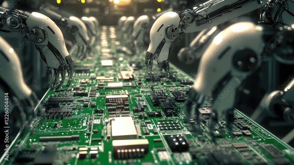 Poster rows of circuit boards being assembled by automated machinery in an electronics factory.