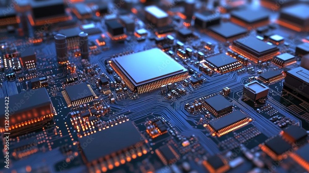 Poster rows of circuit boards being assembled by automated machinery in an electronics factory.