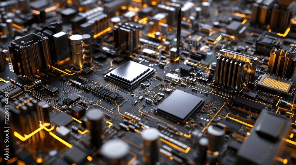 Poster rows of circuit boards being assembled by automated machinery in an electronics factory.