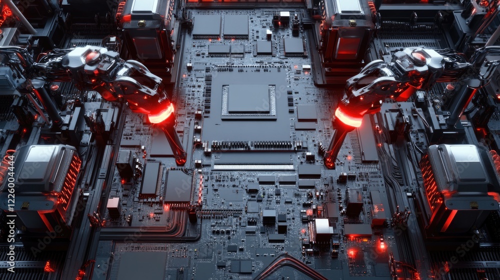 Poster rows of circuit boards being assembled by automated machinery in an electronics factory.