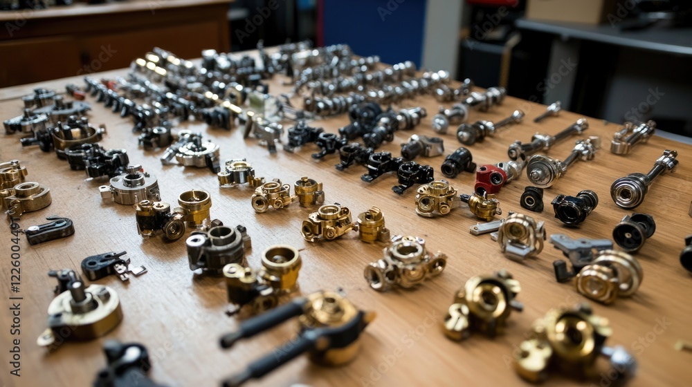 Poster rows of neatly assembled mechanical parts on a clean workbench in a factory.