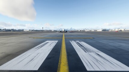 Fototapeta premium Runway perspective with a plane taxiing in the background.