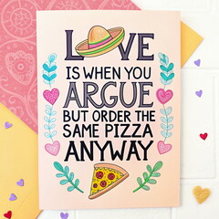 Colorful love and pizza quote card design