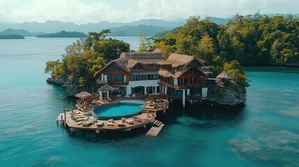 Fototapeta premium Scenic view of a tropical overwater villa surrounded by calm waters.