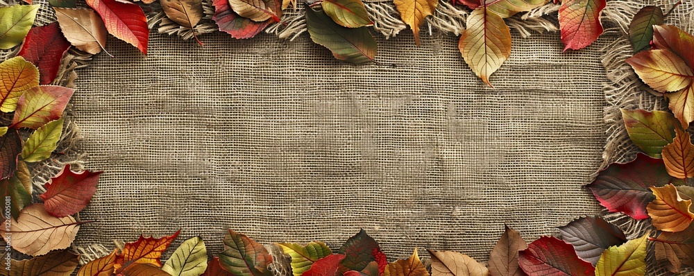 Aufkleber Colorful autumn leaves creating a border on burlap background with copy space