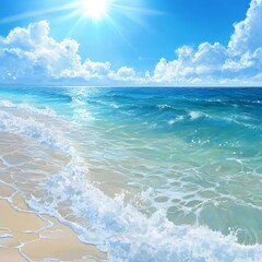 Ocean shore with soft white waves and golden sand beach