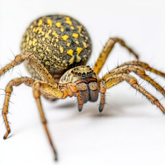 Close-up of a spider, yellow and brown mottled abdomen, eight legs, hairy body.