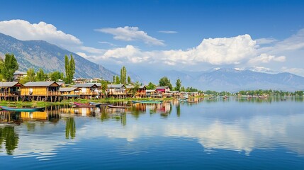 Fototapeta premium Scenic lakeside village with wooden houses on stilts reflected in calm water