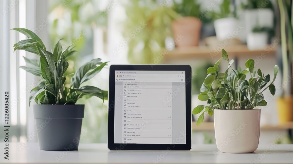 Poster tablet displaying an email inbox on a clean desk.